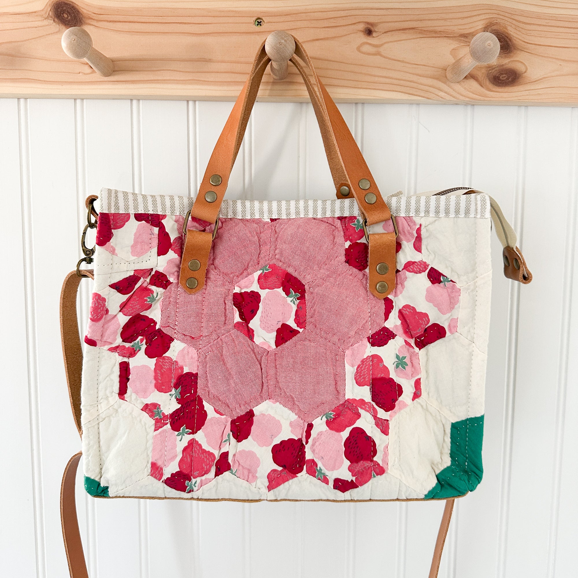 Boxy Bible Bag Vintage Grandmothers Garden Quilt with Leather Handles and Crossbody Strap