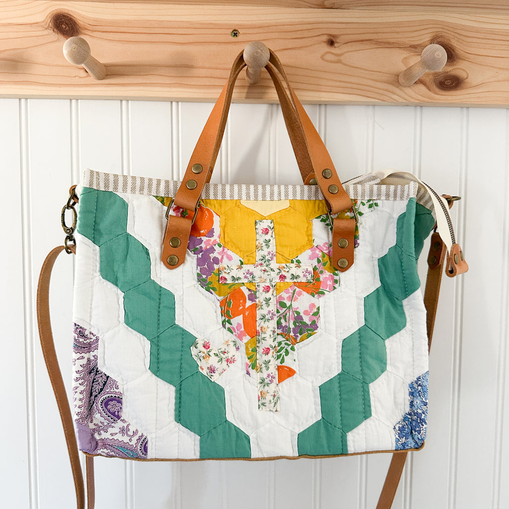 Boxy Bible Bag Vintage Grandmothers Garden Quilt with Leather Handles and Crossbody Strap
