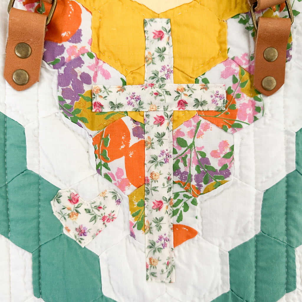 Boxy Bible Bag Vintage Grandmothers Garden Quilt with Leather Handles and Crossbody Strap