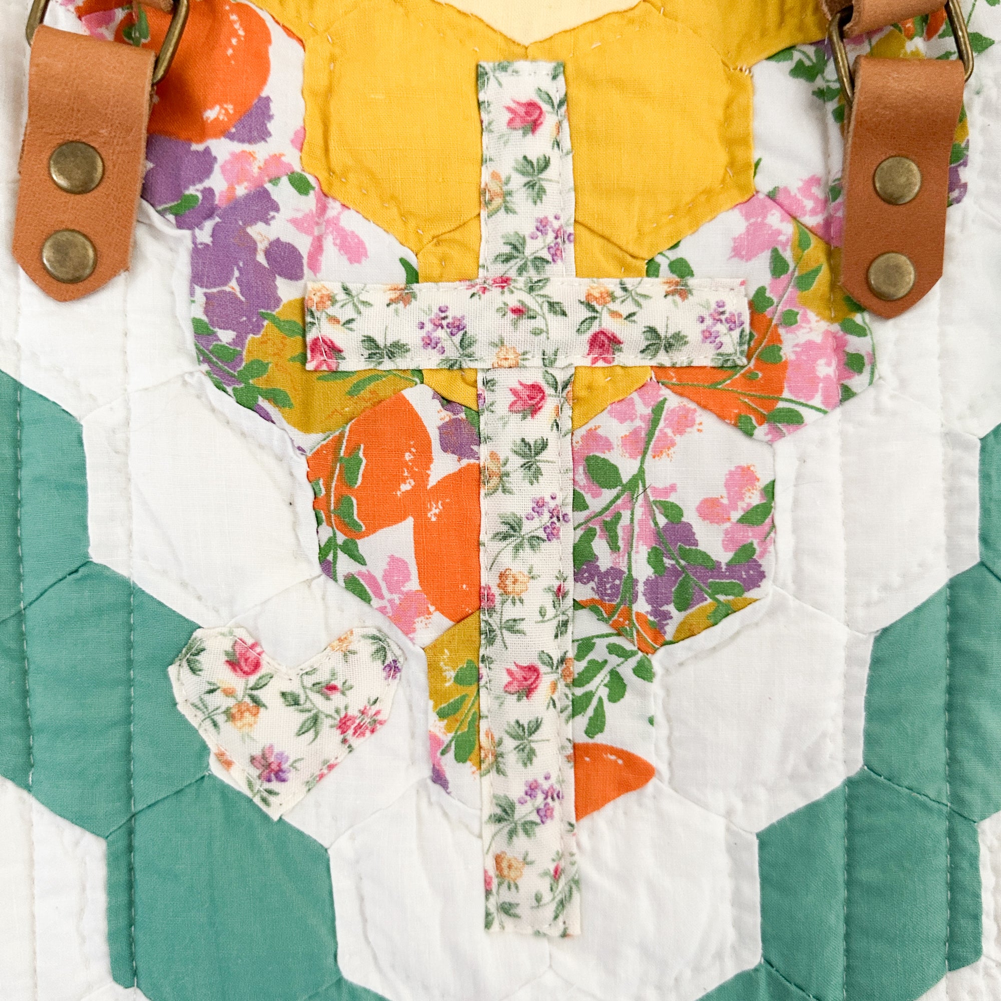 Boxy Bible Bag Vintage Grandmothers Garden Quilt with Leather Handles and Crossbody Strap