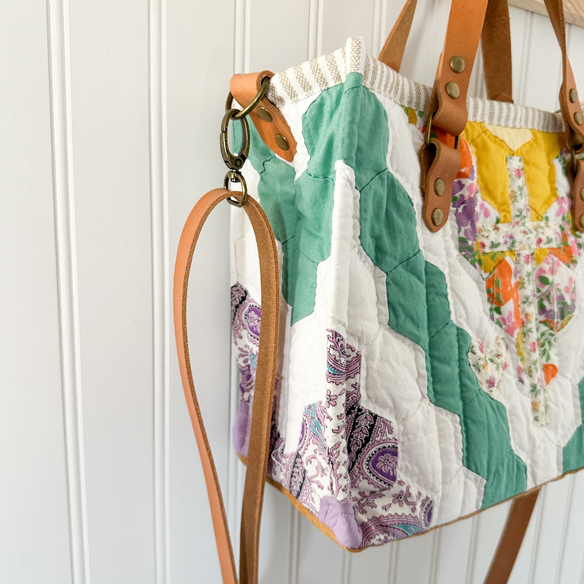 Boxy Bible Bag Vintage Grandmothers Garden Quilt with Leather Handles and Crossbody Strap