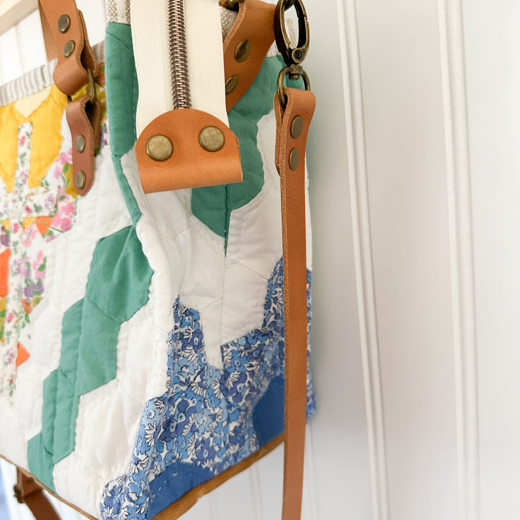 Boxy Bible Bag Vintage Grandmothers Garden Quilt with Leather Handles and Crossbody Strap