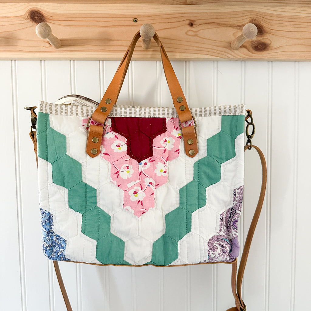 Boxy Bible Bag Vintage Grandmothers Garden Quilt with Leather Handles and Crossbody Strap