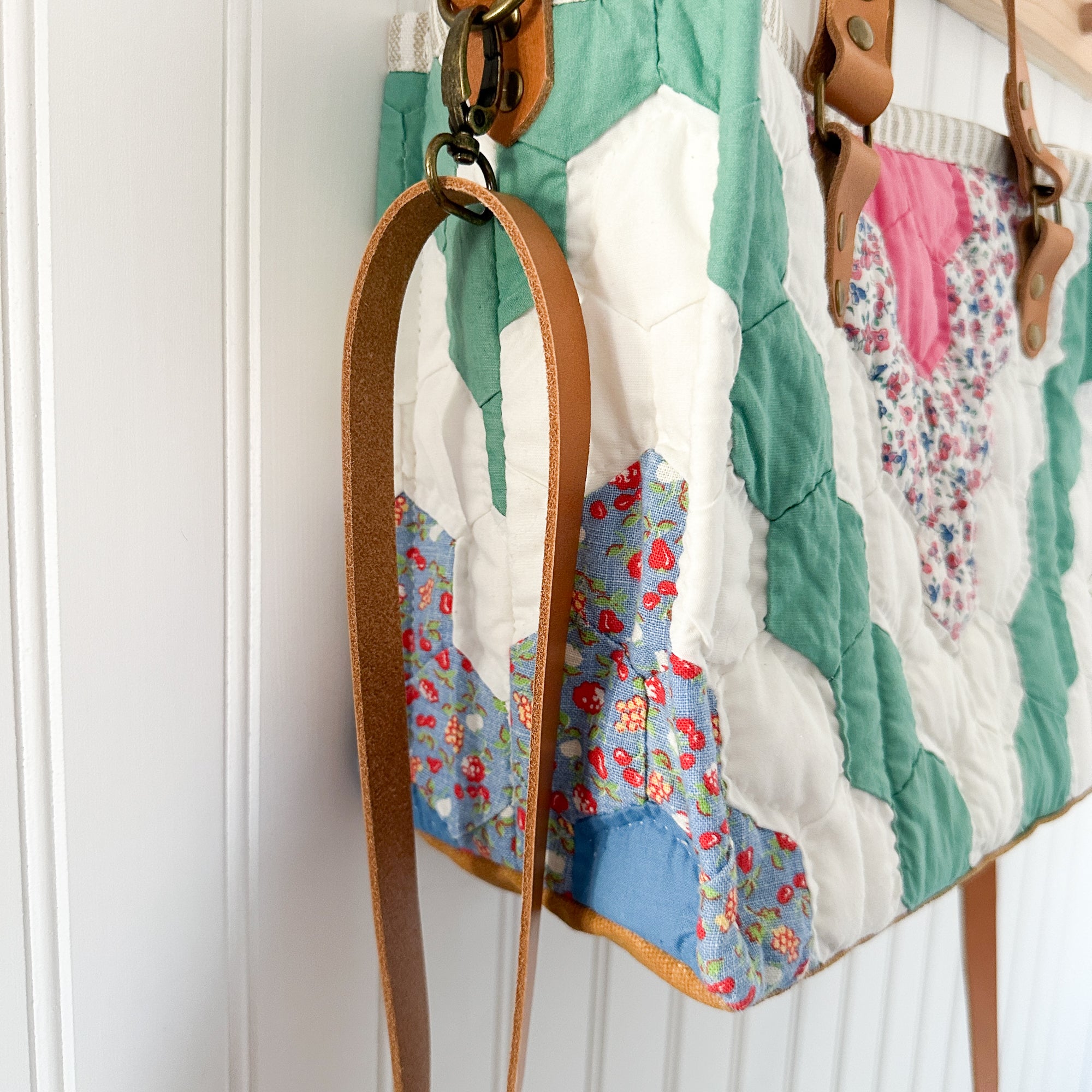 Boxy Bible Bag Vintage Grandmothers Garden Quilt with Leather Handles and Crossbody Strap