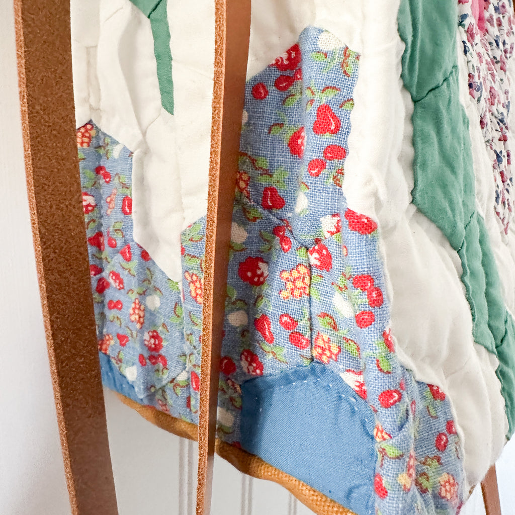 Boxy Bible Bag Vintage Grandmothers Garden Quilt with Leather Handles and Crossbody Strap