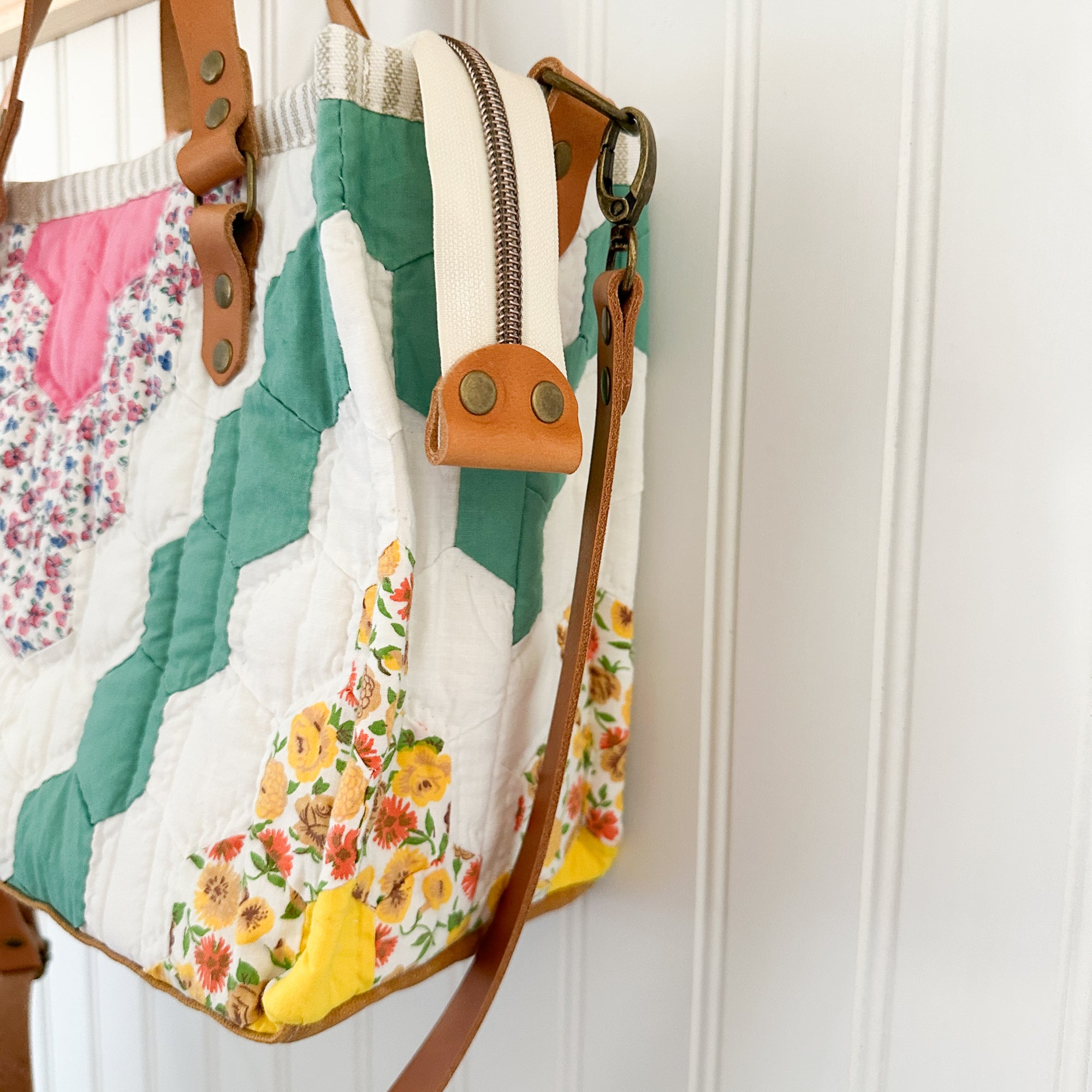 Boxy Bible Bag Vintage Grandmothers Garden Quilt with Leather Handles and Crossbody Strap