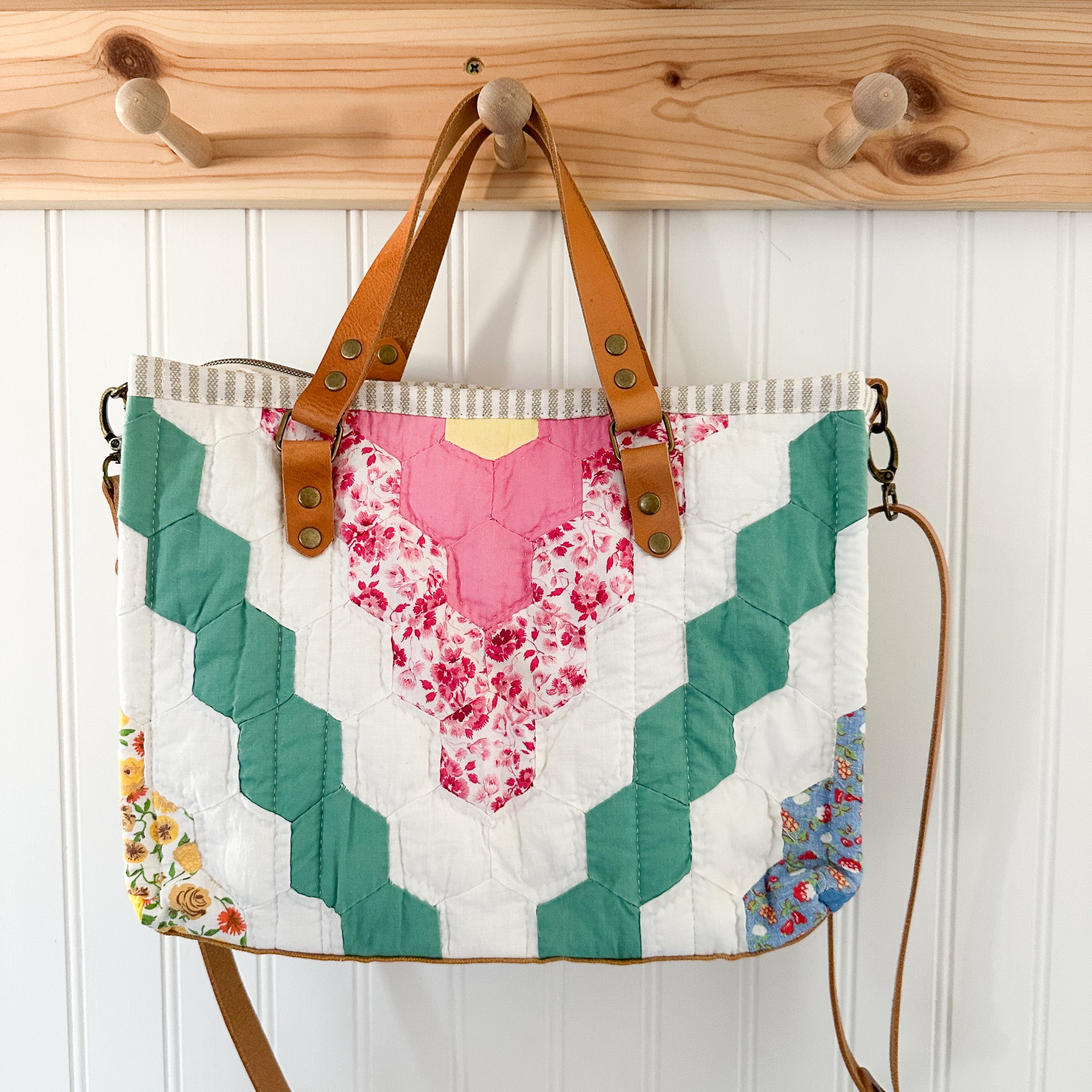 Boxy Bible Bag Vintage Grandmothers Garden Quilt with Leather Handles and Crossbody Strap