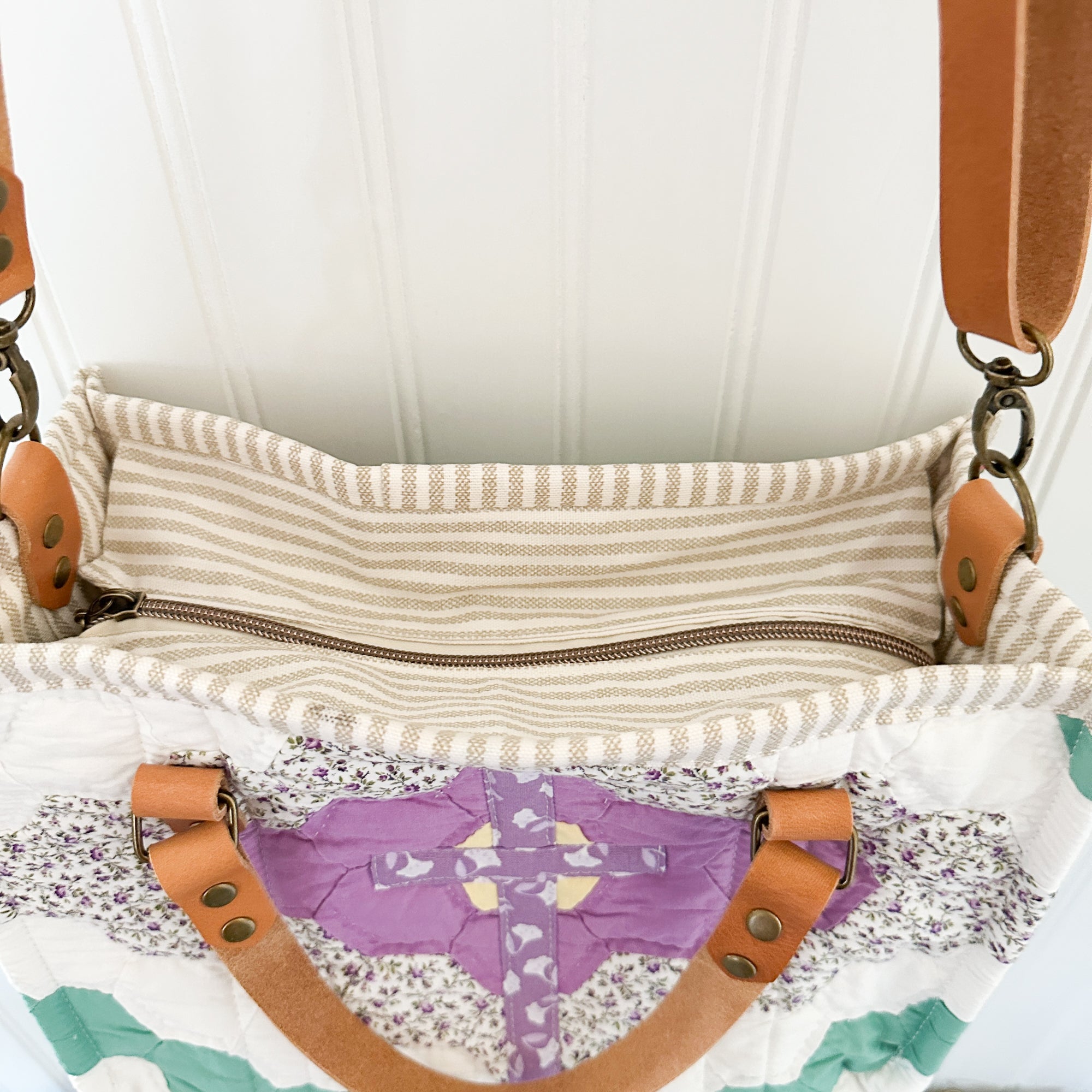 Boxy Bible Bag Vintage Grandmothers Garden Quilt with Leather Handles and Crossbody Strap