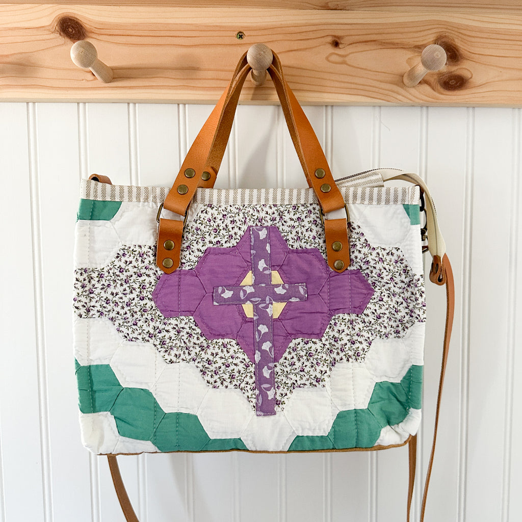 Boxy Bible Bag Vintage Grandmothers Garden Quilt with Leather Handles and Crossbody Strap