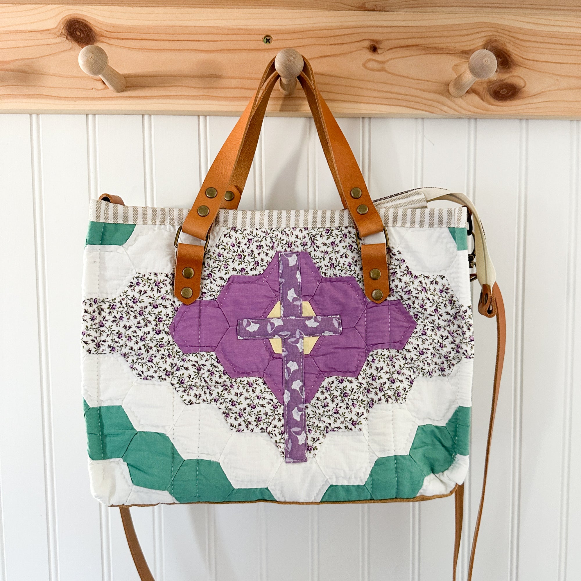 Boxy Bible Bag Vintage Grandmothers Garden Quilt with Leather Handles and Crossbody Strap