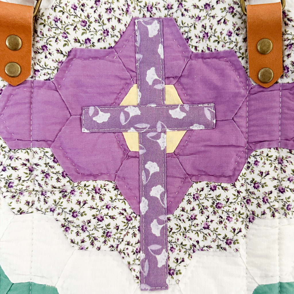 Boxy Bible Bag Vintage Grandmothers Garden Quilt with Leather Handles and Crossbody Strap
