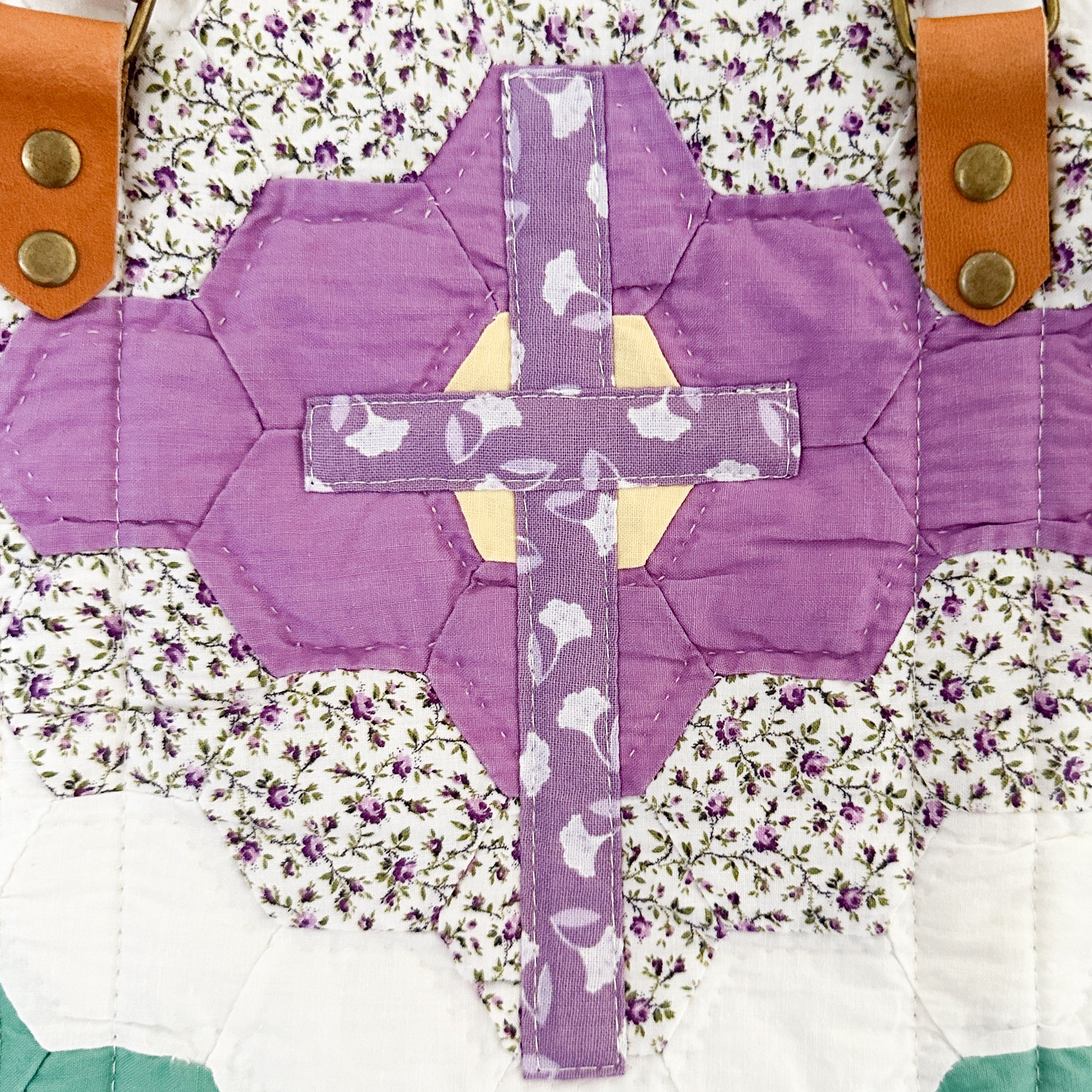 Boxy Bible Bag Vintage Grandmothers Garden Quilt with Leather Handles and Crossbody Strap