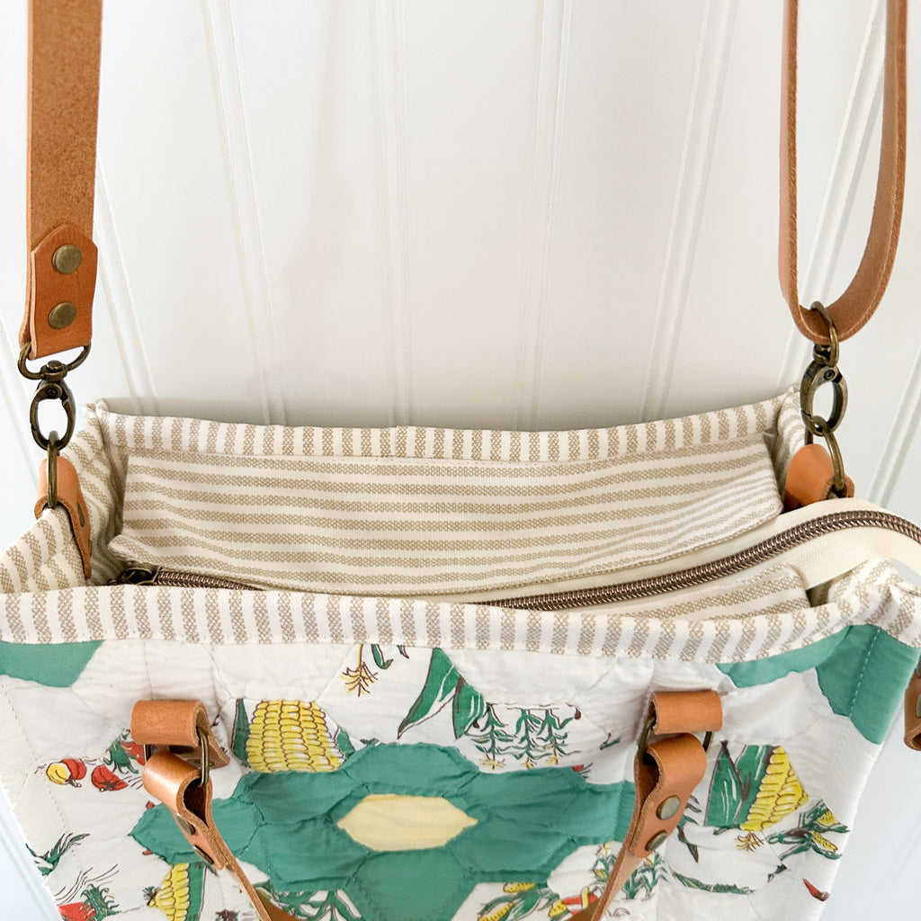 Boxy Bible Bag Vintage Grandmothers Garden Quilt with Leather Handles and Crossbody Strap