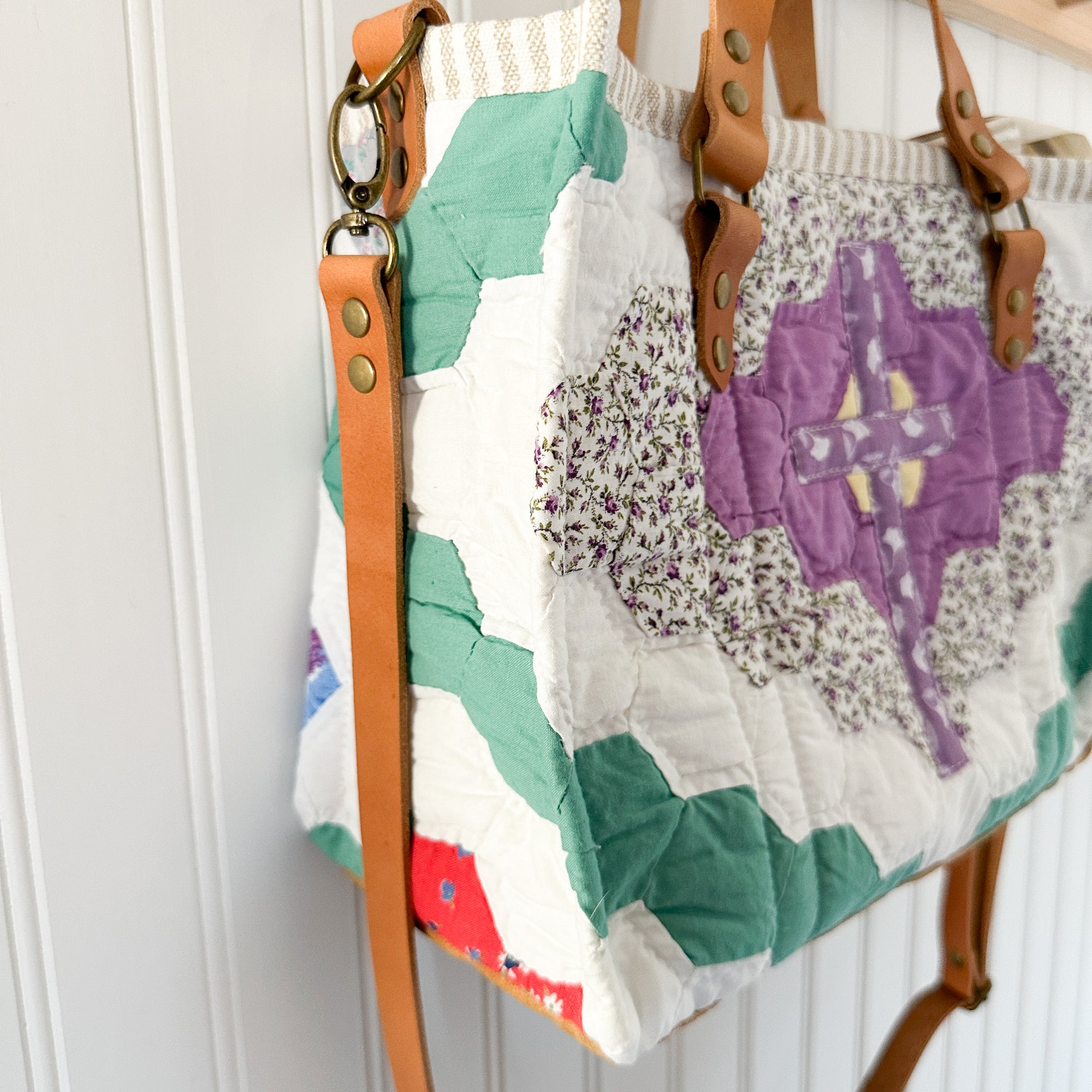 Boxy Bible Bag Vintage Grandmothers Garden Quilt with Leather Handles and Crossbody Strap