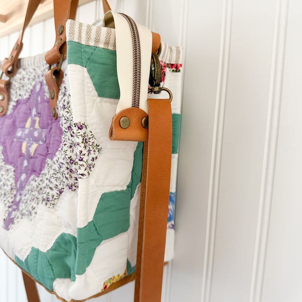 Boxy Bible Bag Vintage Grandmothers Garden Quilt with Leather Handles and Crossbody Strap
