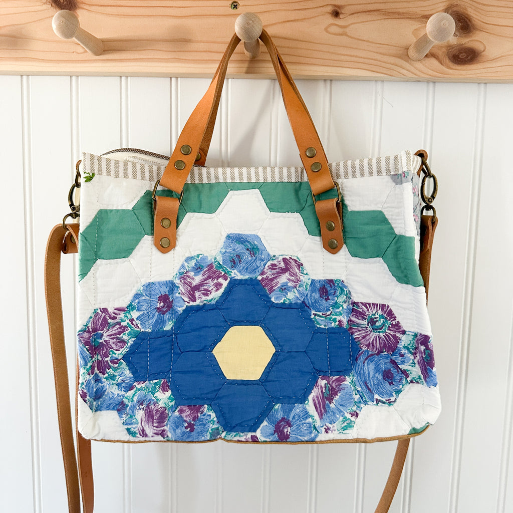 Boxy Bible Bag Vintage Grandmothers Garden Quilt with Leather Handles and Crossbody Strap