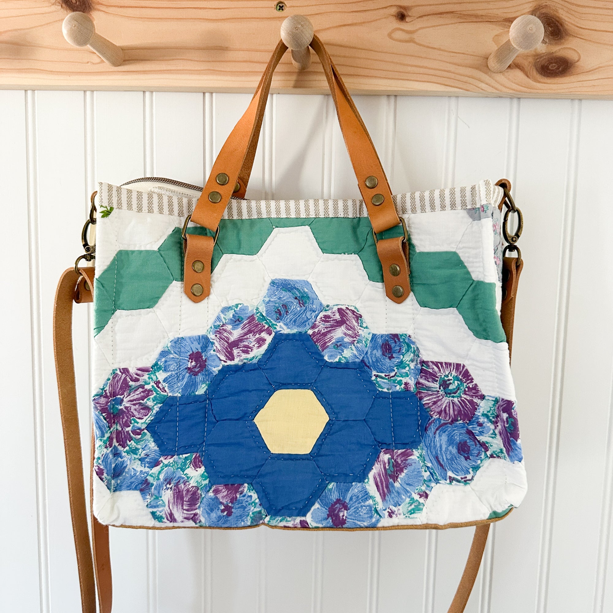 Boxy Bible Bag Vintage Grandmothers Garden Quilt with Leather Handles and Crossbody Strap