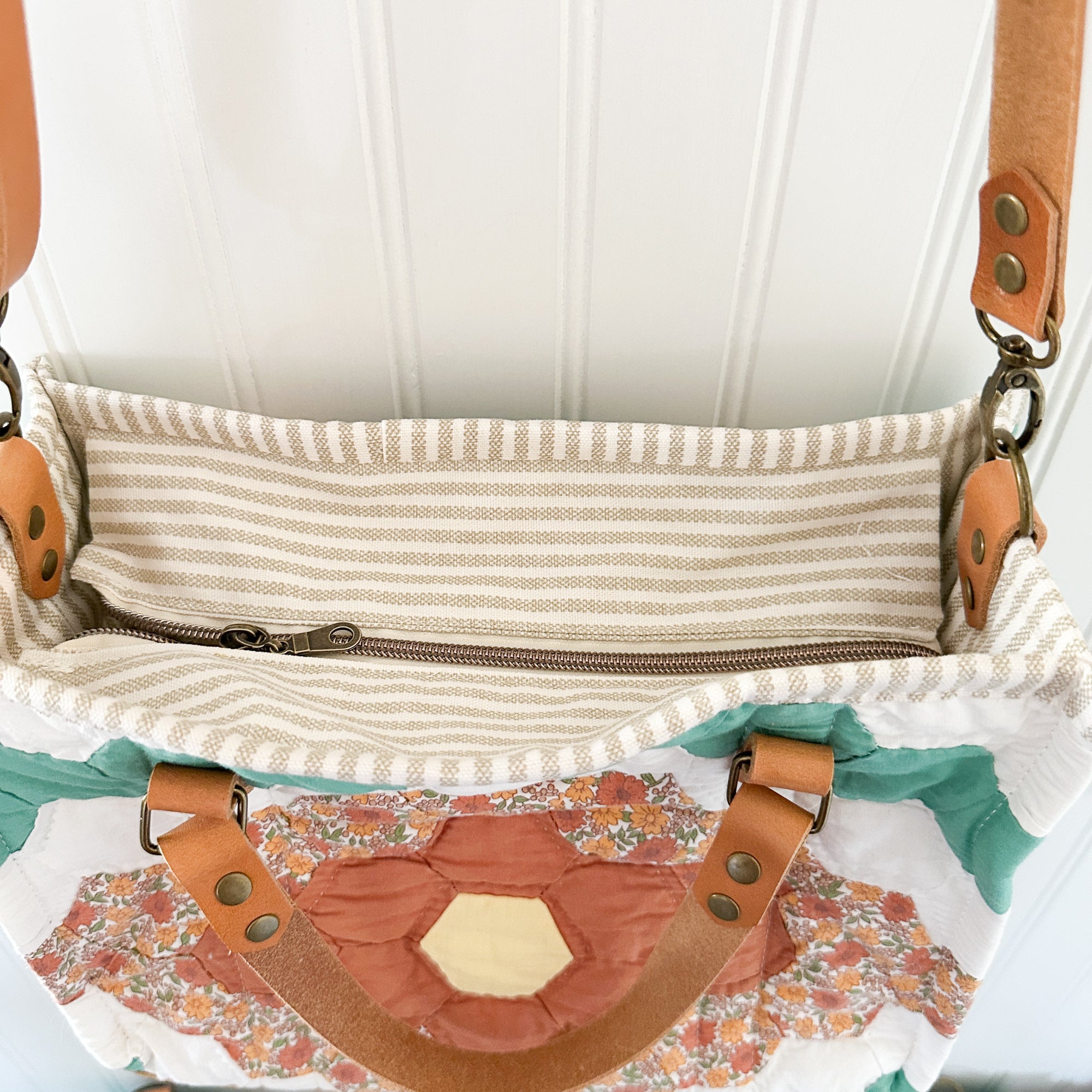 Boxy Bible Bag Vintage Grandmothers Garden Quilt with Leather Handles and Crossbody Strap