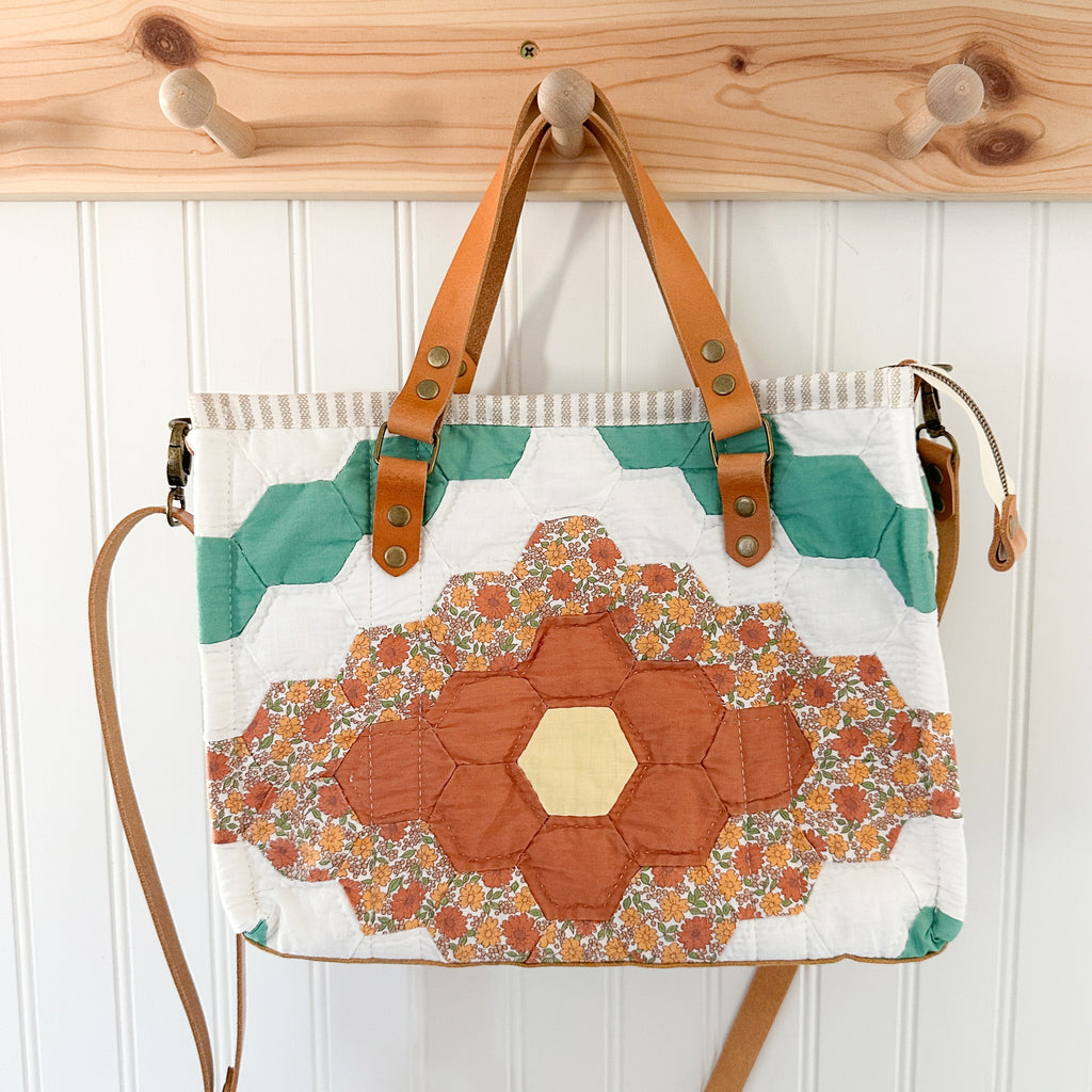 Boxy Bible Bag Vintage Grandmothers Garden Quilt with Leather Handles and Crossbody Strap