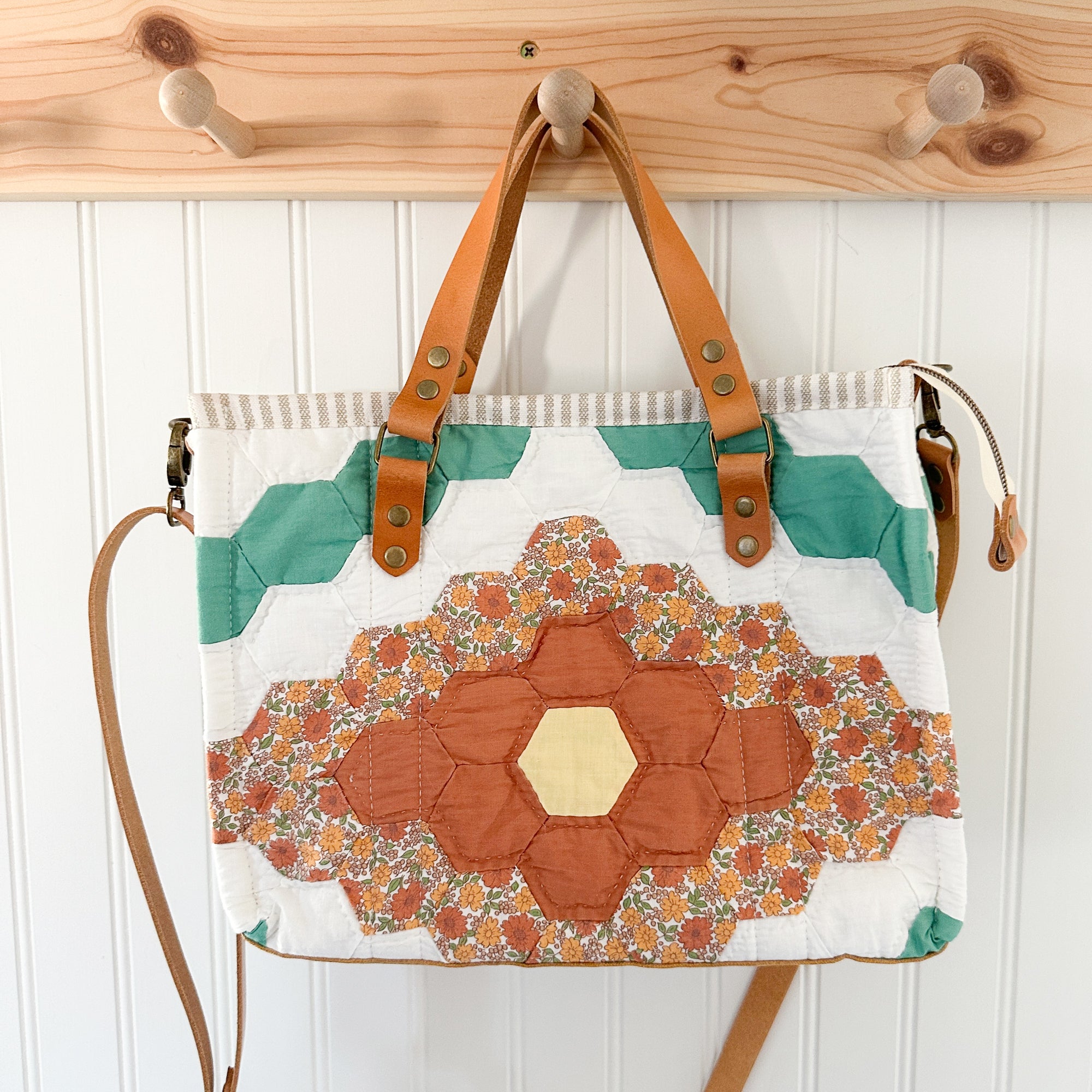 Boxy Bible Bag Vintage Grandmothers Garden Quilt with Leather Handles and Crossbody Strap
