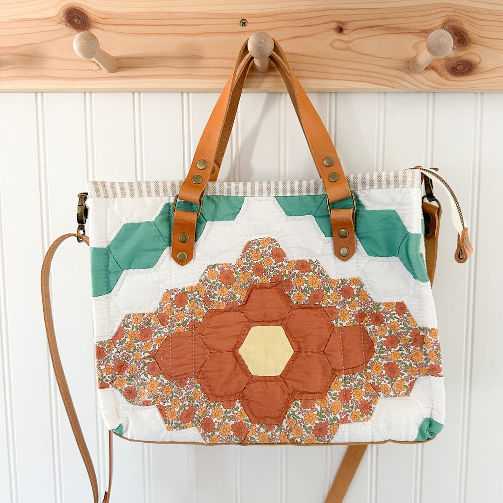 Boxy Bible Bag Vintage Grandmothers Garden Quilt with Leather Handles and Crossbody Strap