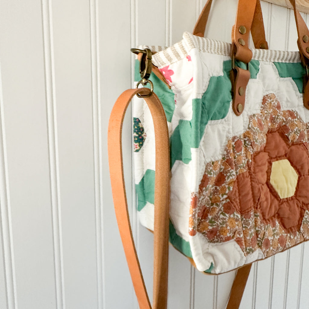 Boxy Bible Bag Vintage Grandmothers Garden Quilt with Leather Handles and Crossbody Strap