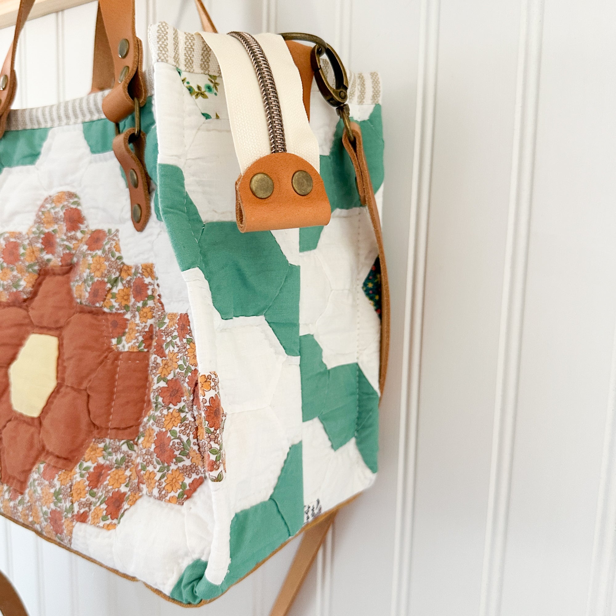 Boxy Bible Bag Vintage Grandmothers Garden Quilt with Leather Handles and Crossbody Strap