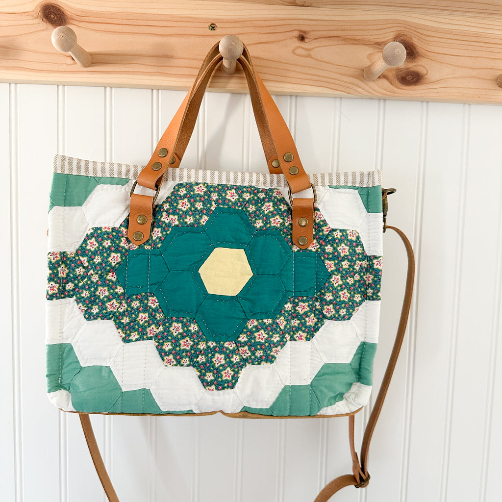 Boxy Bible Bag Vintage Grandmothers Garden Quilt with Leather Handles and Crossbody Strap