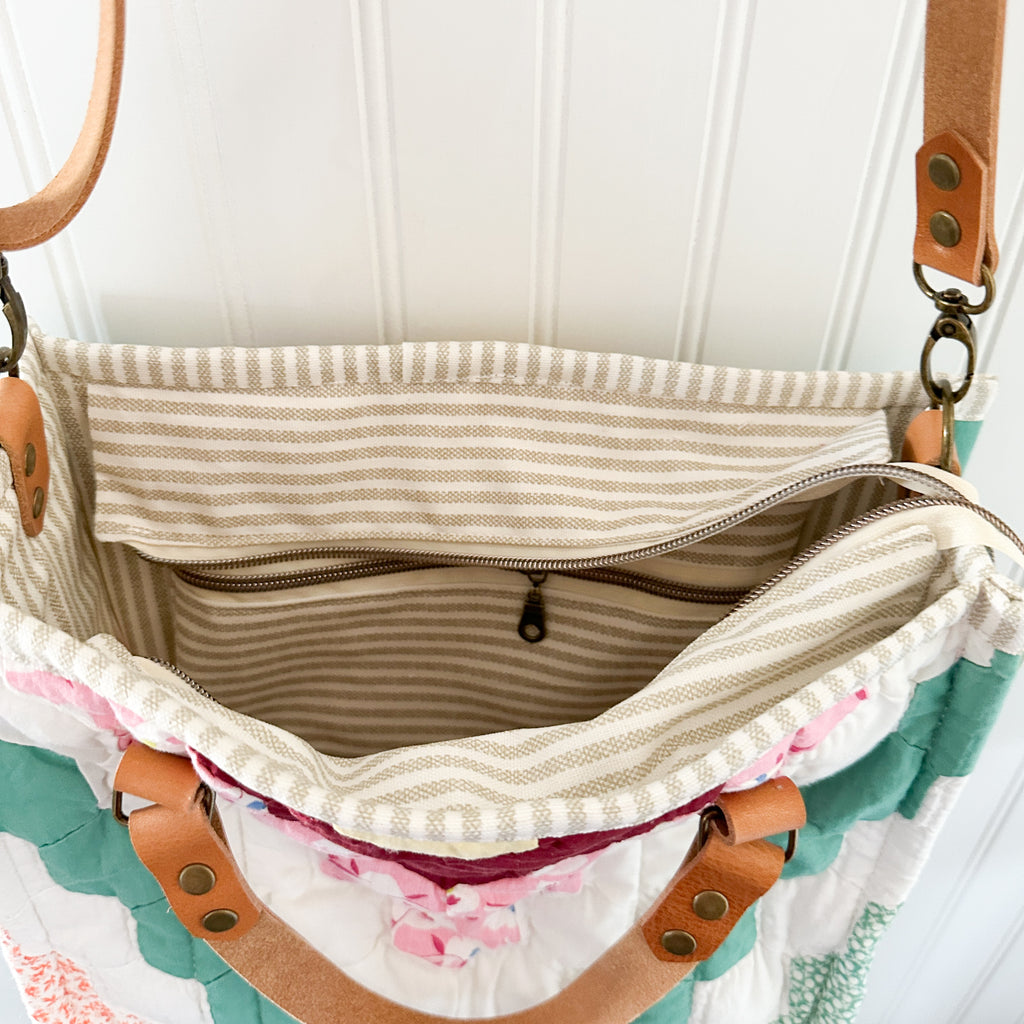 Boxy Bible Bag Vintage Grandmothers Garden Quilt with Leather Handles and Crossbody Strap