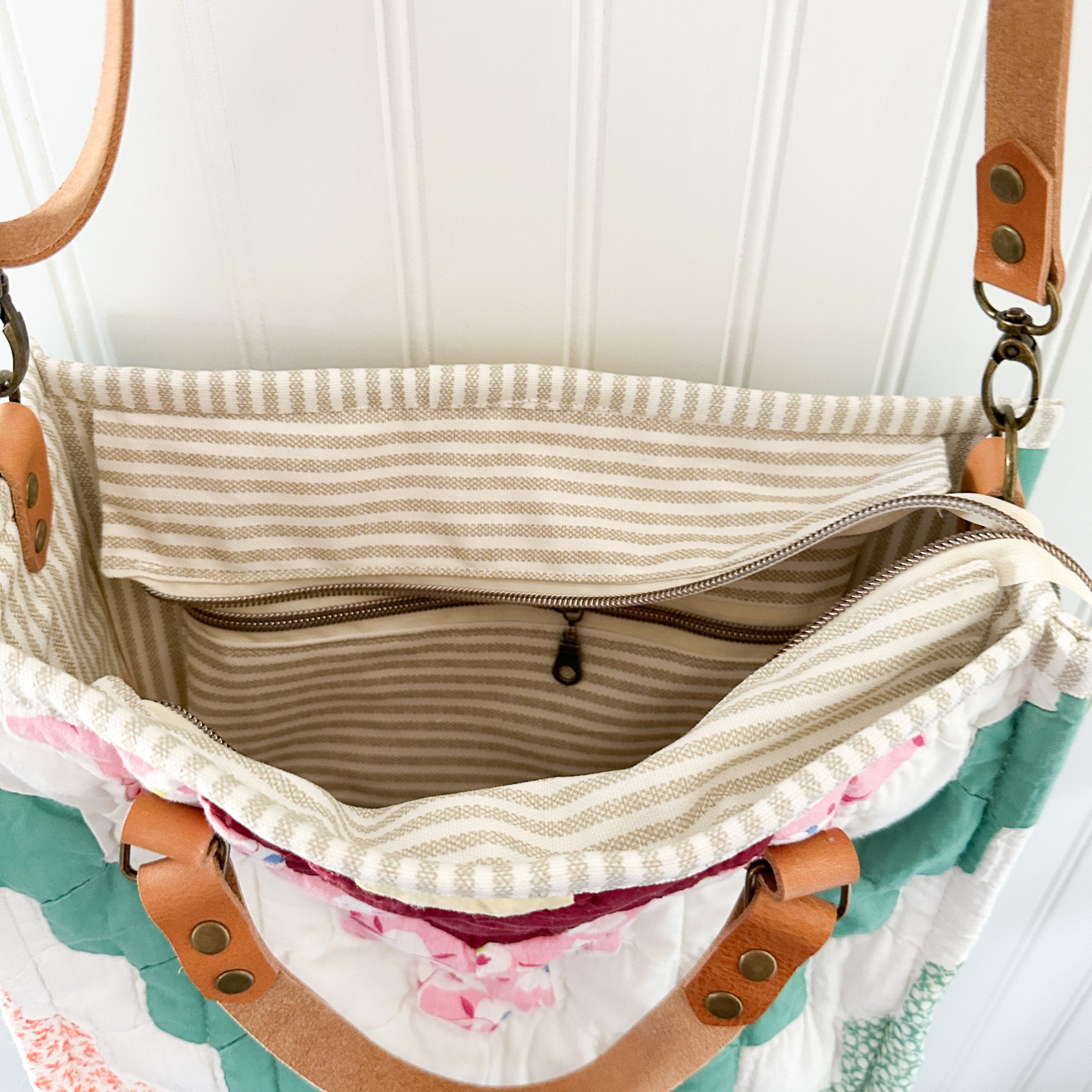 Boxy Bible Bag Vintage Grandmothers Garden Quilt with Leather Handles and Crossbody Strap