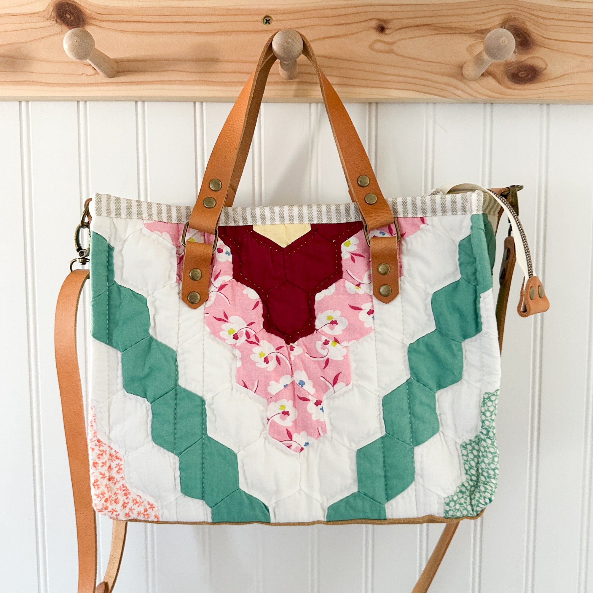 Boxy Bible Bag Vintage Grandmothers Garden Quilt with Leather Handles and Crossbody Strap