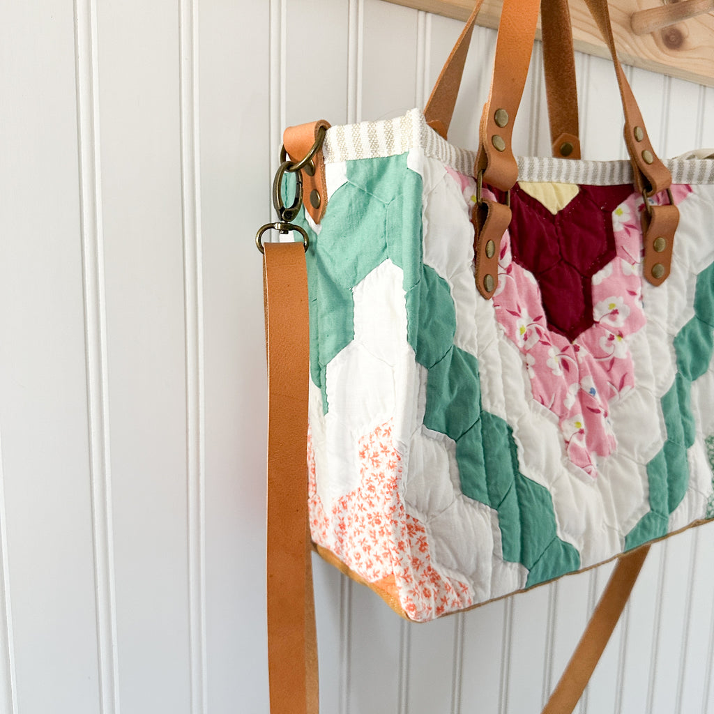 Boxy Bible Bag Vintage Grandmothers Garden Quilt with Leather Handles and Crossbody Strap