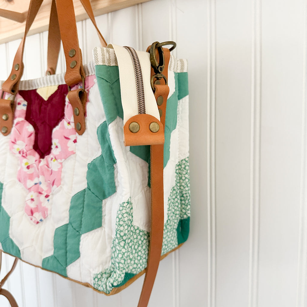 Boxy Bible Bag Vintage Grandmothers Garden Quilt with Leather Handles and Crossbody Strap