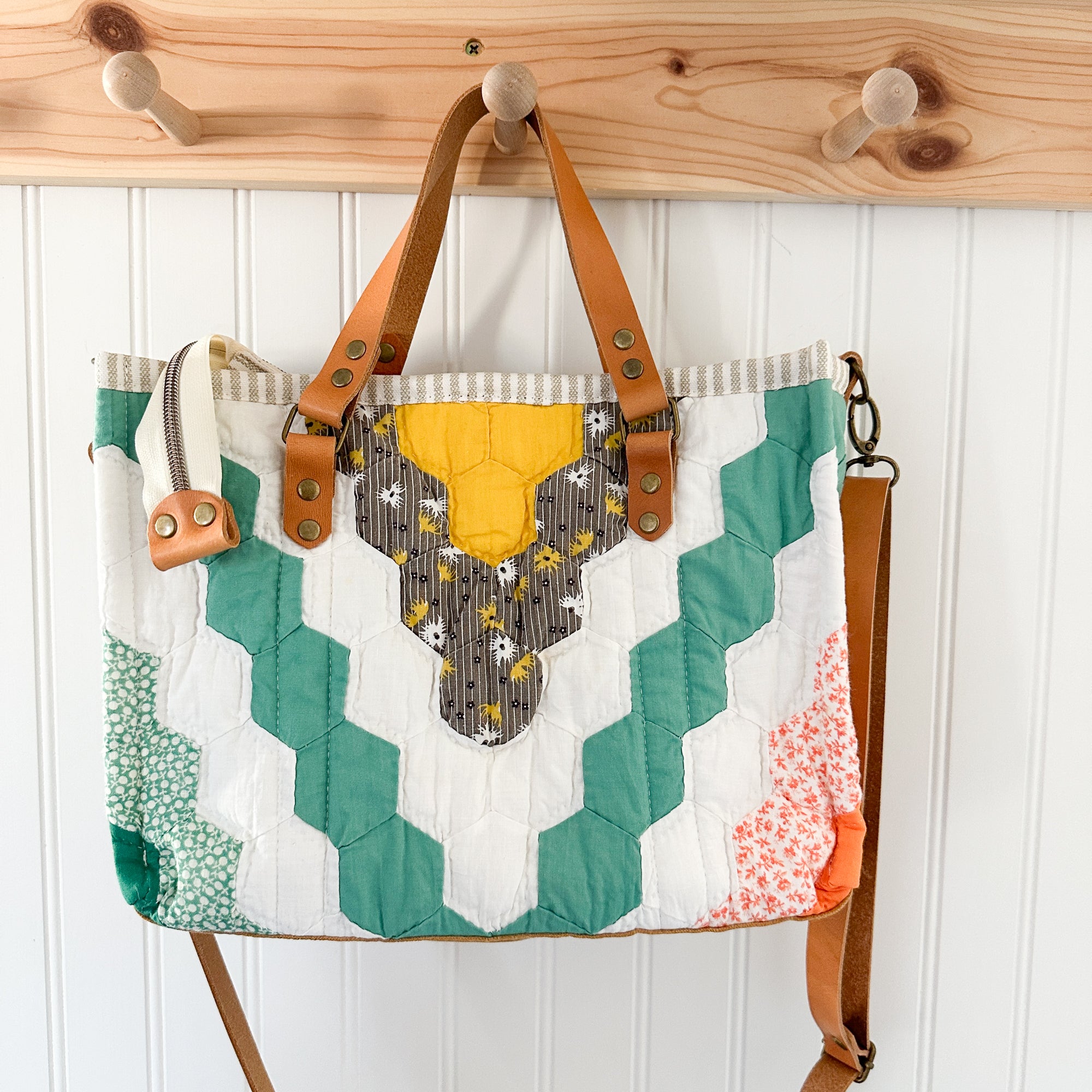 Boxy Bible Bag Vintage Grandmothers Garden Quilt with Leather Handles and Crossbody Strap