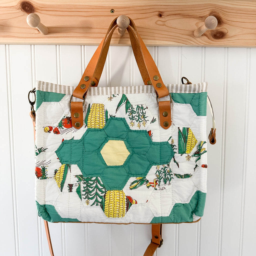 Boxy Bible Bag Vintage Grandmothers Garden Quilt with Leather Handles and Crossbody Strap