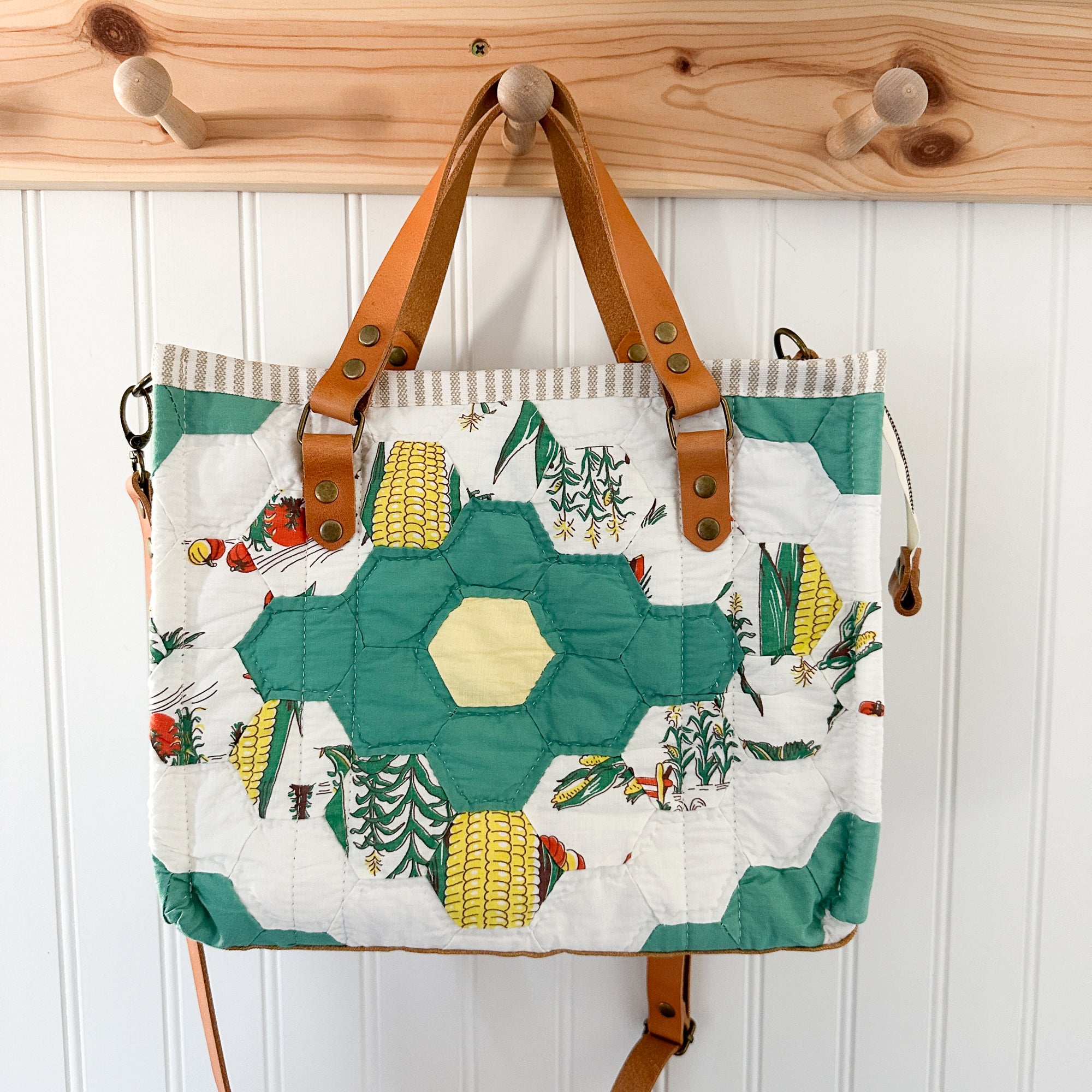 Boxy Bible Bag Vintage Grandmothers Garden Quilt with Leather Handles and Crossbody Strap