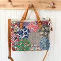 Boxy Bible Bag Vintage Grandmothers Garden Quilt with Leather Handles and Crossbody Strap