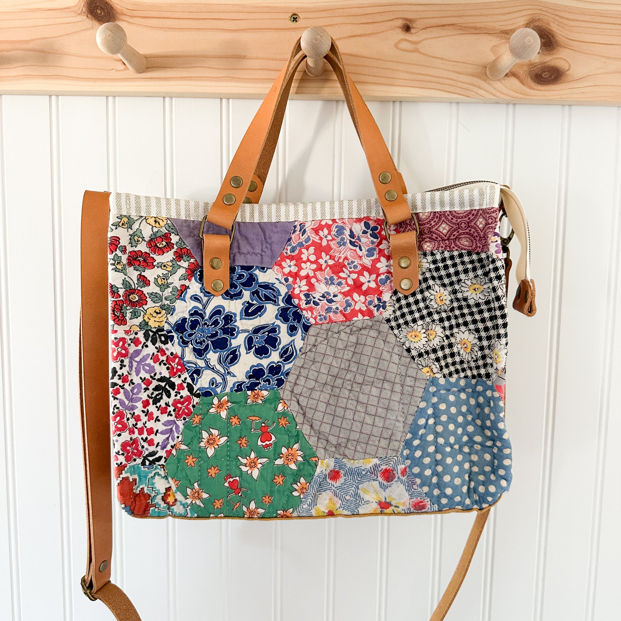 Boxy Bible Bag Vintage Grandmothers Garden Quilt with Leather Handles and Crossbody Strap