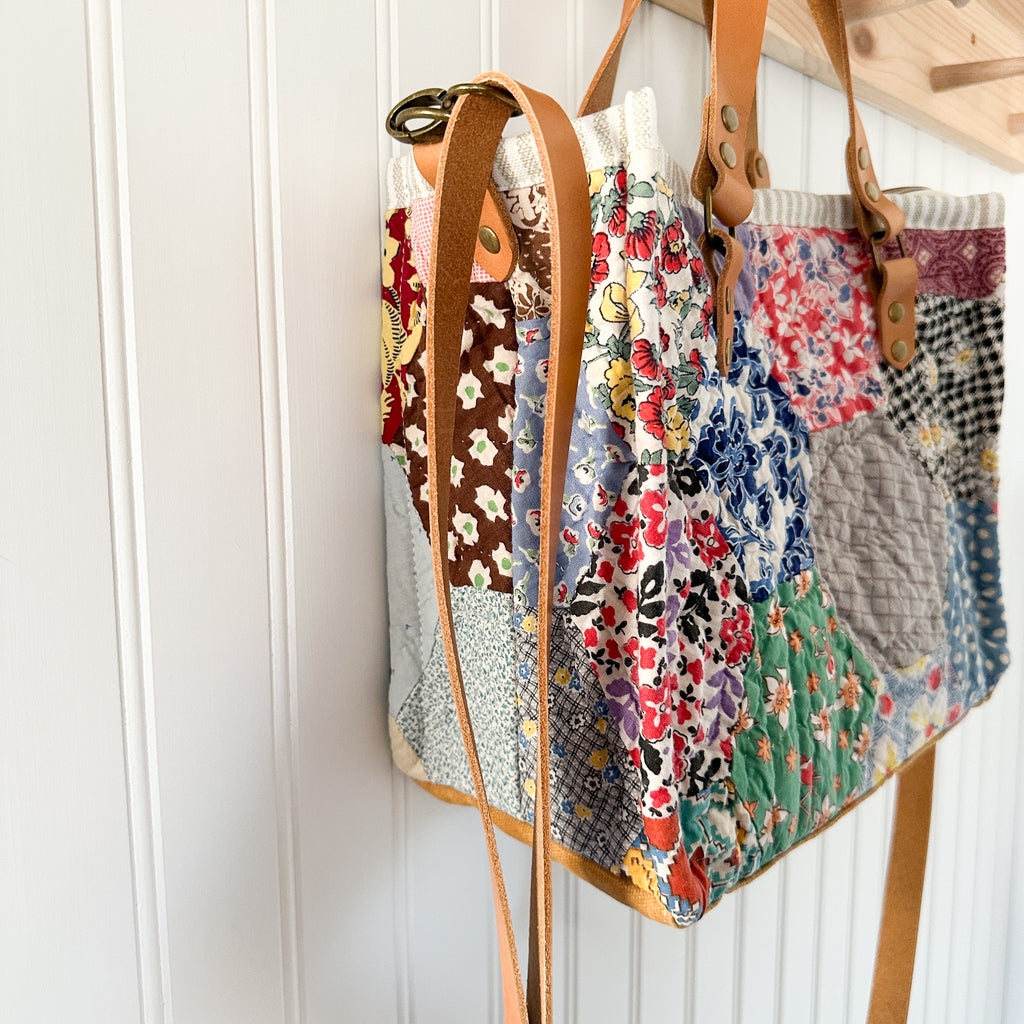 Boxy Bible Bag Vintage Grandmothers Garden Quilt with Leather Handles and Crossbody Strap
