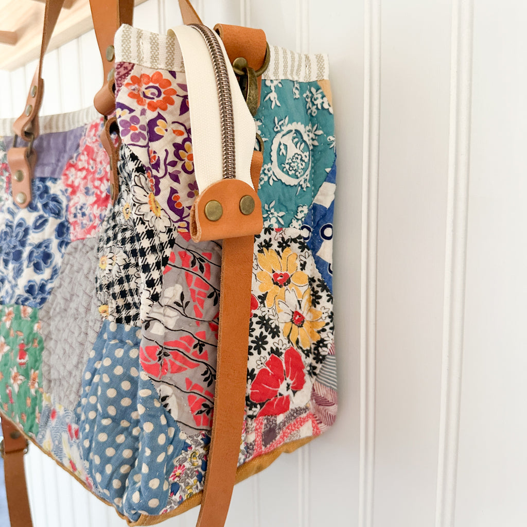 Boxy Bible Bag Vintage Grandmothers Garden Quilt with Leather Handles and Crossbody Strap