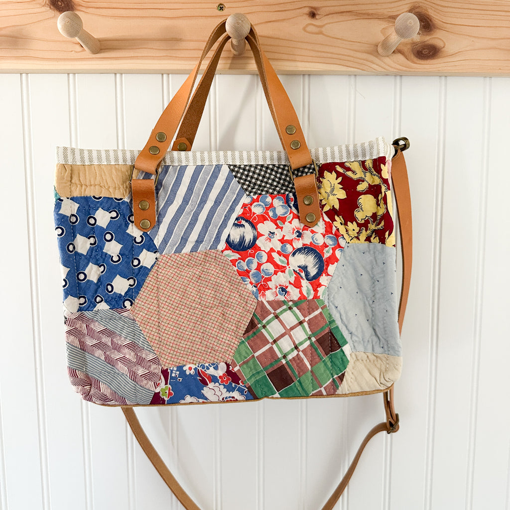Boxy Bible Bag Vintage Grandmothers Garden Quilt with Leather Handles and Crossbody Strap