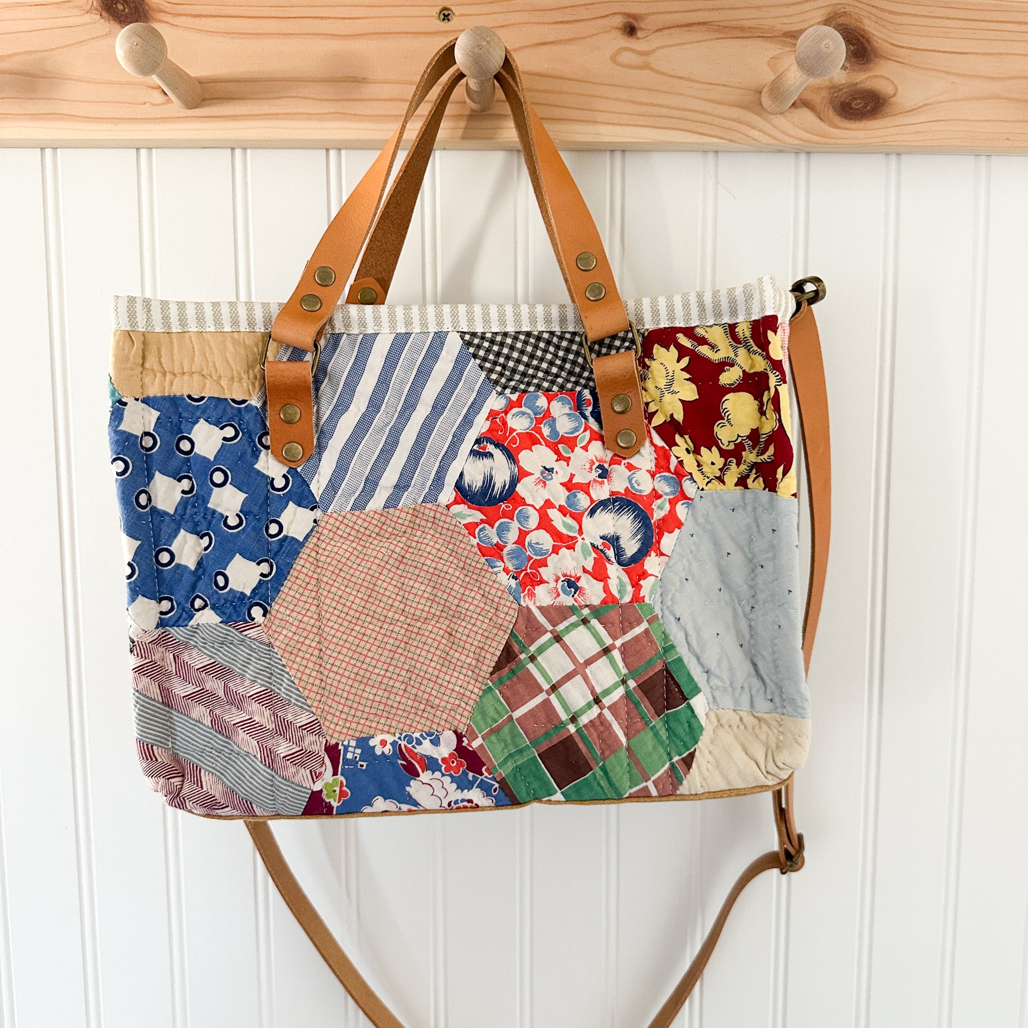 Boxy Bible Bag Vintage Grandmothers Garden Quilt with Leather Handles and Crossbody Strap