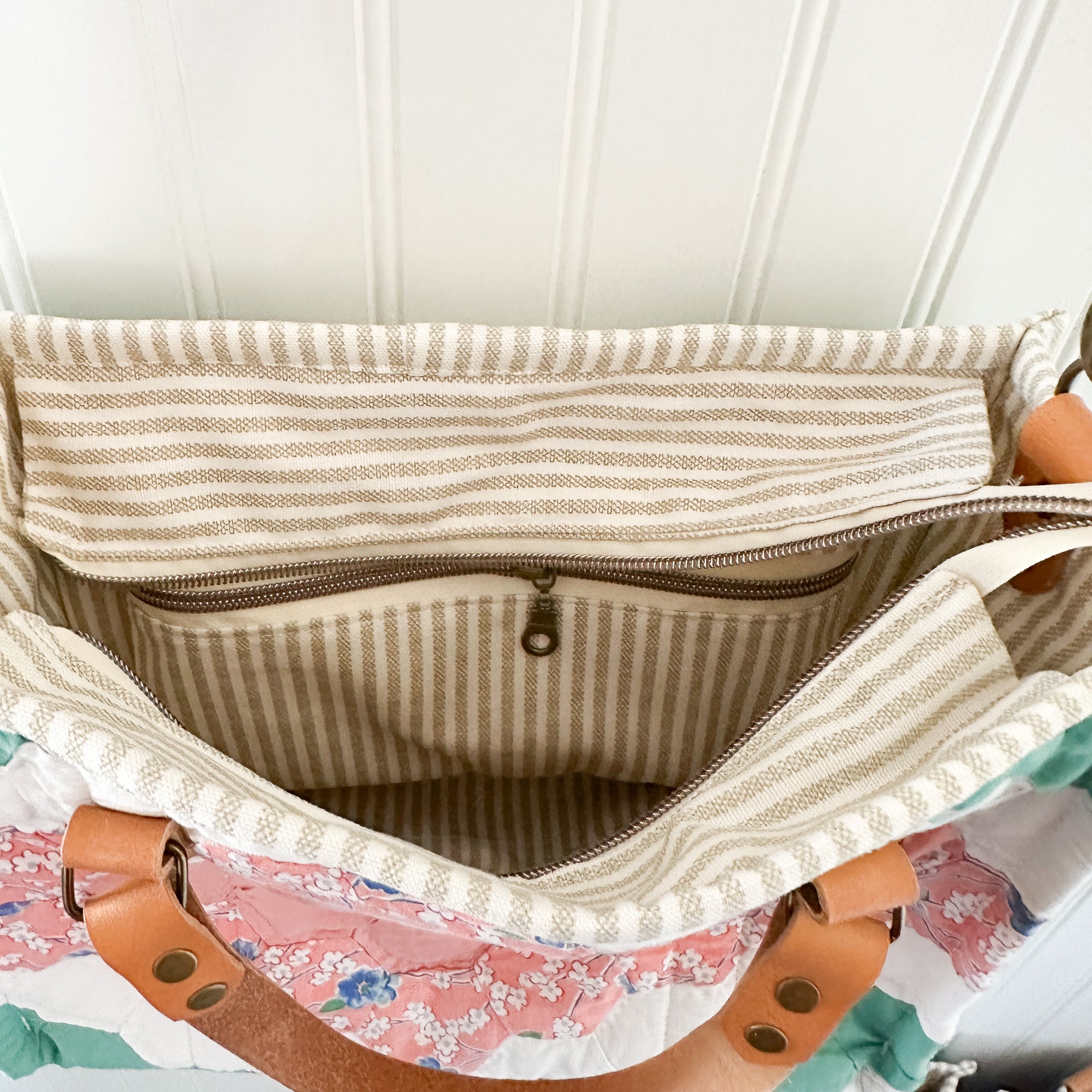 Boxy Bible Bag Vintage Grandmothers Garden Quilt with Leather Handles and Crossbody Strap