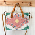 Boxy Bible Bag Vintage Grandmothers Garden Quilt with Leather Handles and Crossbody Strap