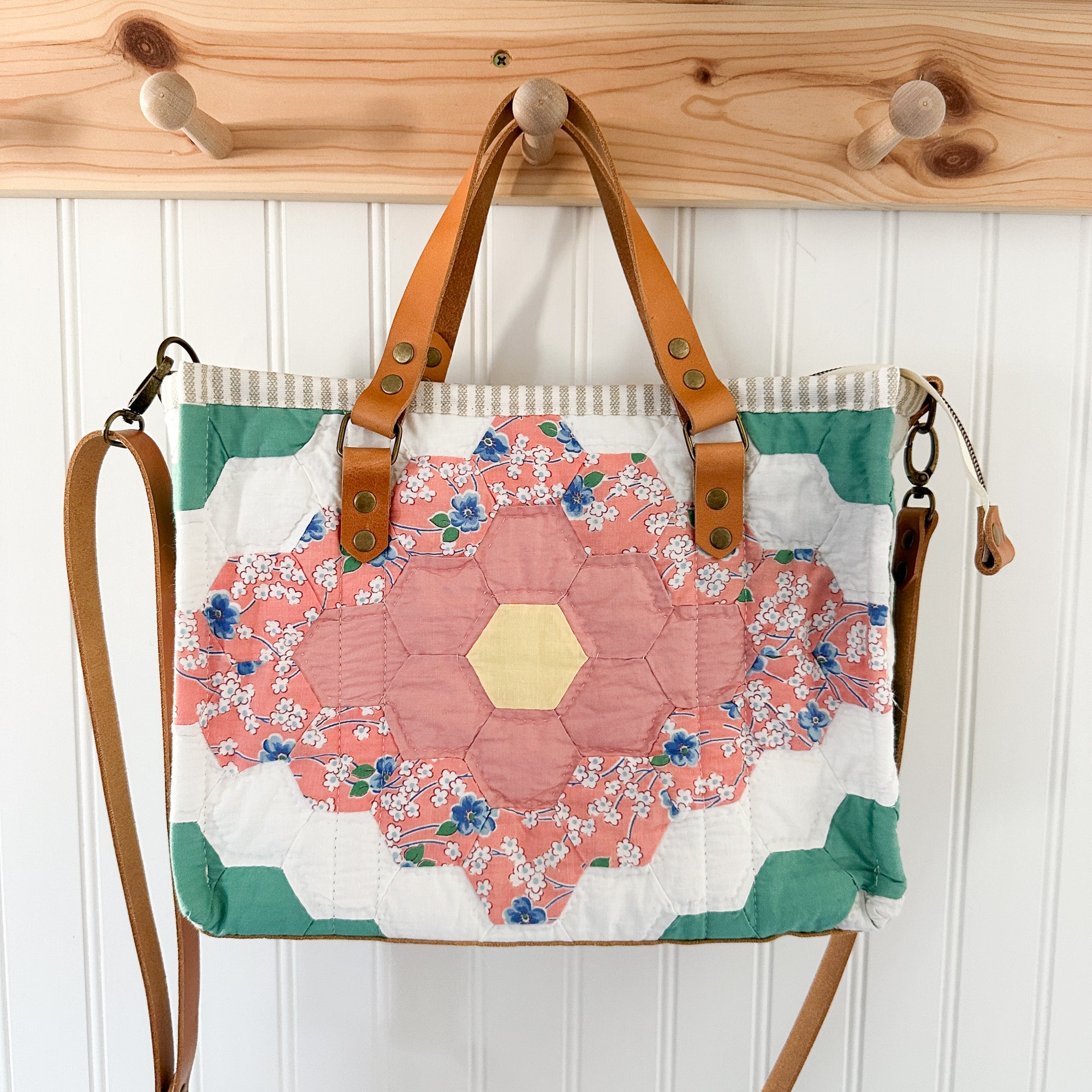 Boxy Bible Bag Vintage Grandmothers Garden Quilt with Leather Handles and Crossbody Strap