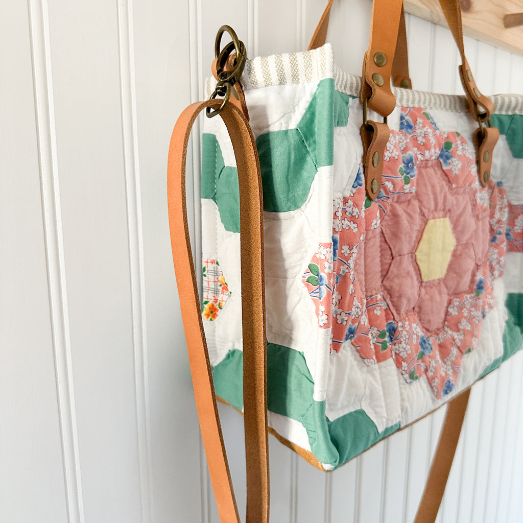 Boxy Bible Bag Vintage Grandmothers Garden Quilt with Leather Handles and Crossbody Strap
