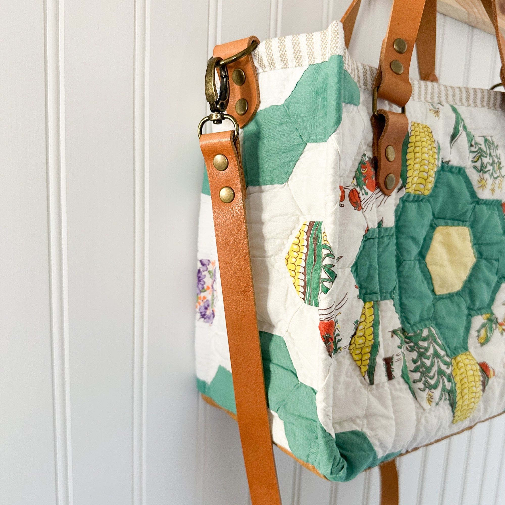 Boxy Bible Bag Vintage Grandmothers Garden Quilt with Leather Handles and Crossbody Strap