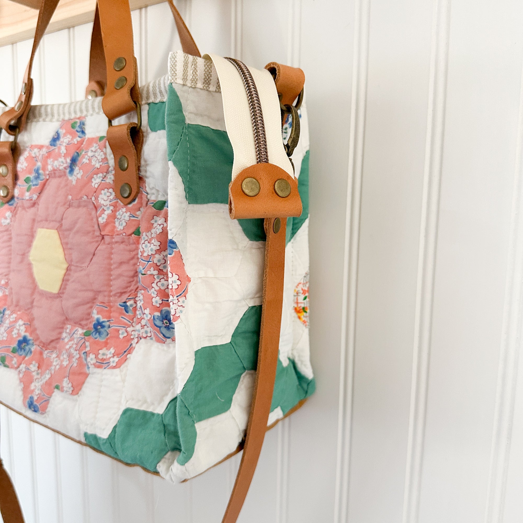 Boxy Bible Bag Vintage Grandmothers Garden Quilt with Leather Handles and Crossbody Strap