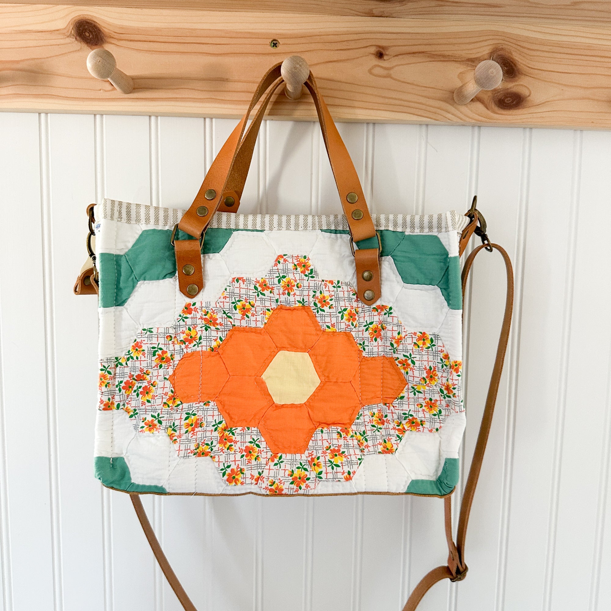 Boxy Bible Bag Vintage Grandmothers Garden Quilt with Leather Handles and Crossbody Strap