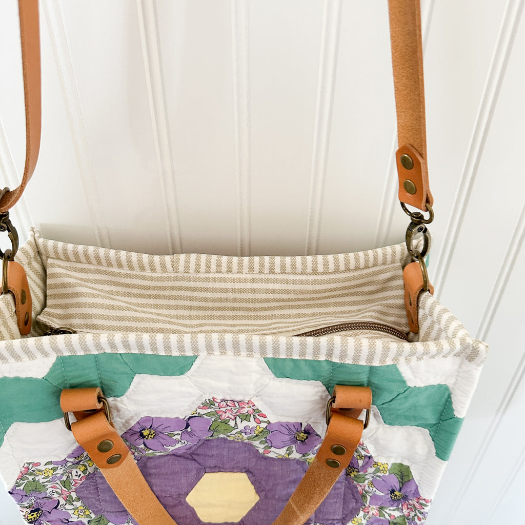 Boxy Bible Bag Vintage Grandmothers Garden Quilt with Leather Handles and Crossbody Strap